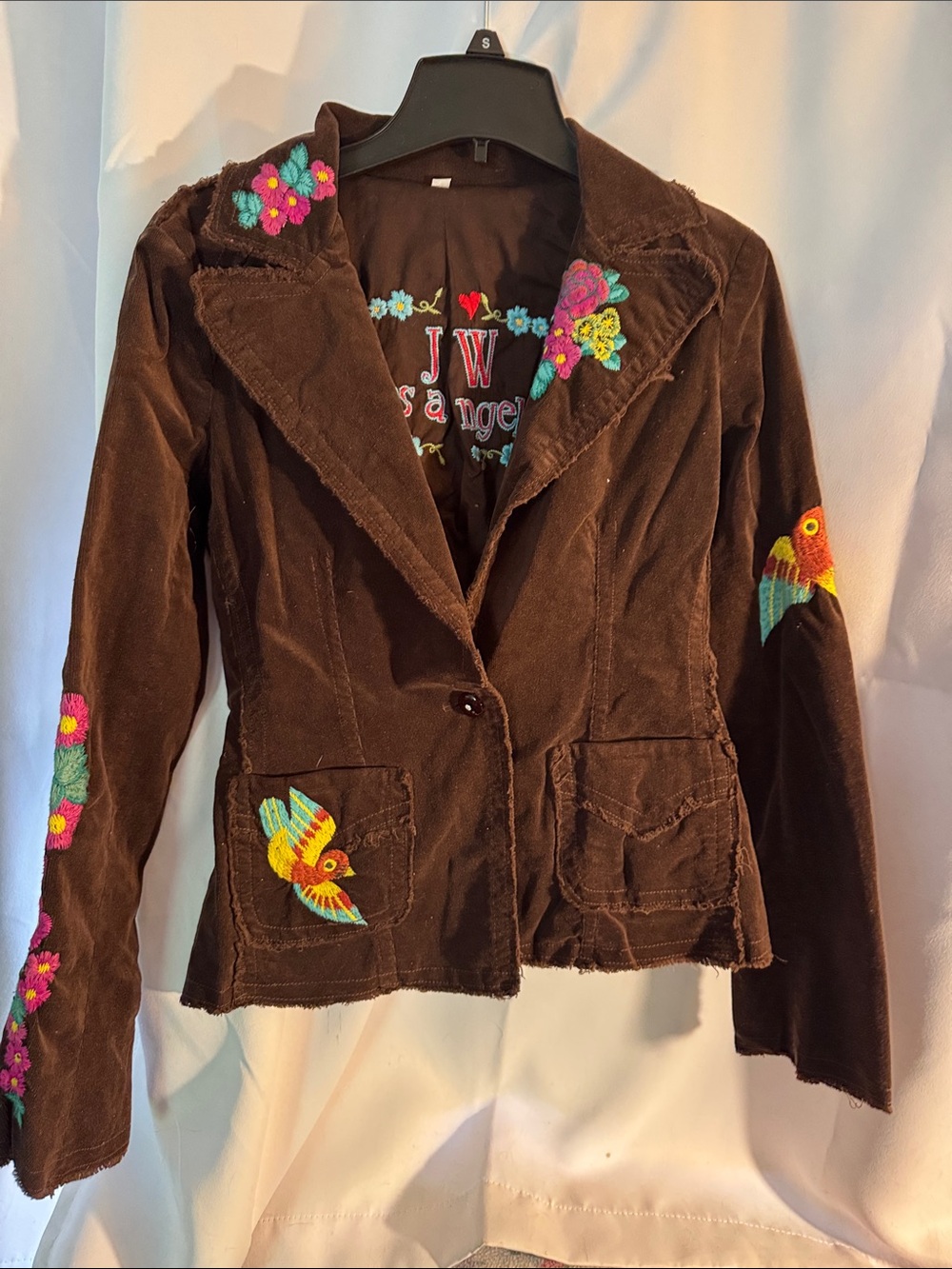 Embroidered Brown Corduroy Blazer with Colorful Bird Motifs